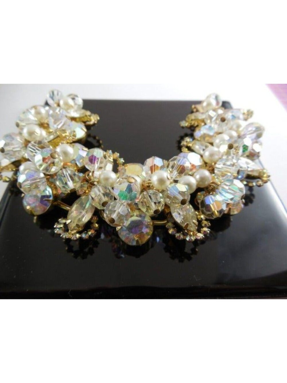 Vintage Juliana D&E Aurora Borealis Crystal & Faux Pearl 5-Link Bracelet